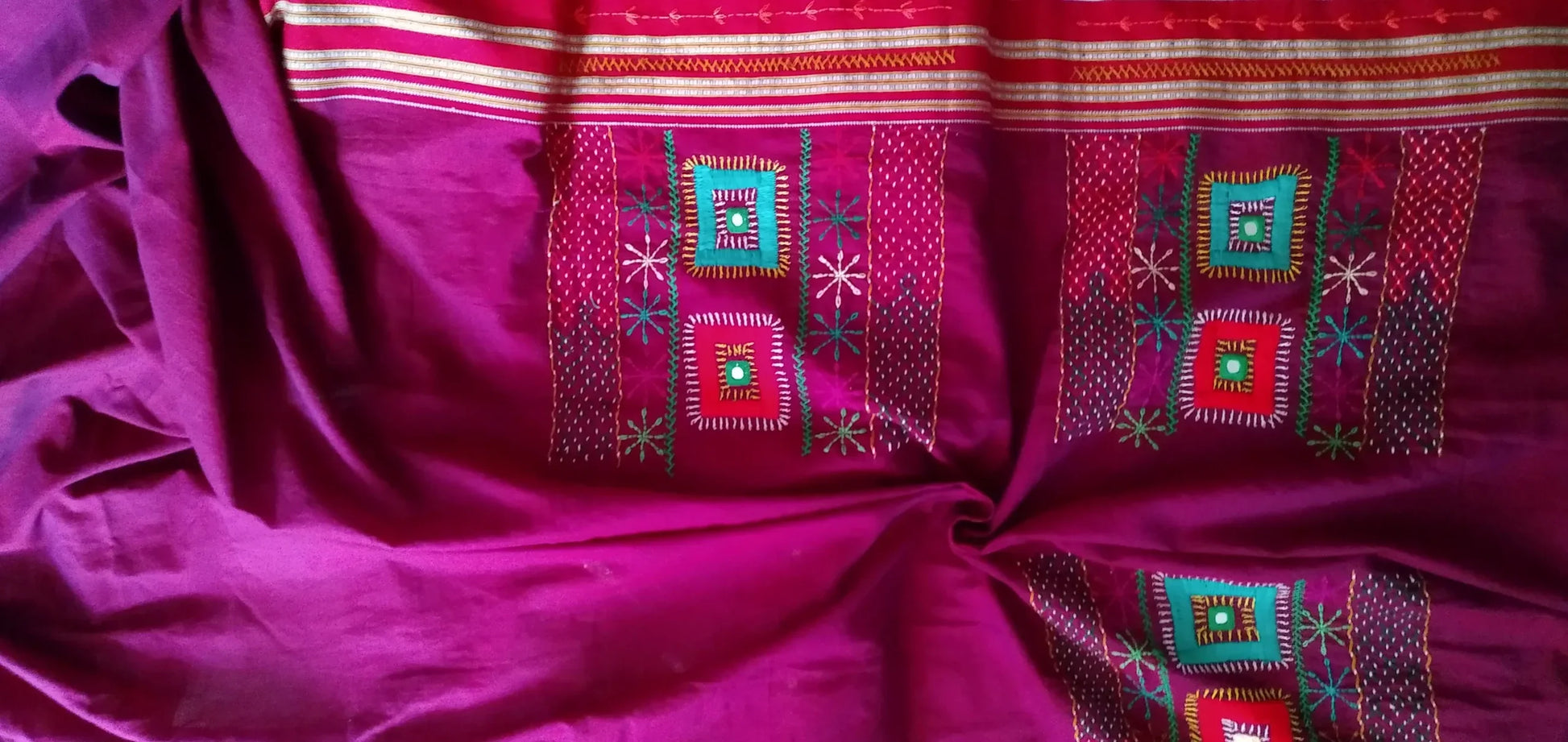 Red Kora Cotton Lambani Tribal Hand Embroidered Saree Religious Nature