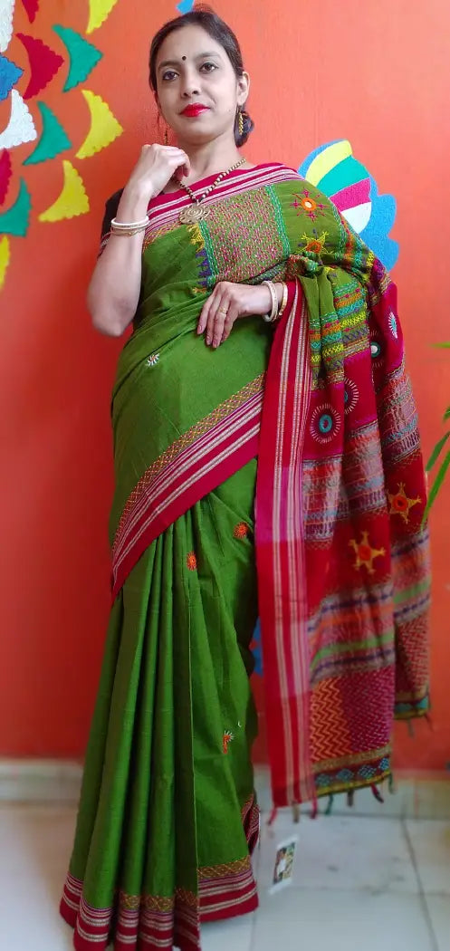 Olive Green Red Kora Cotton Lambani Tribal Hand Embroidered Saree Nature