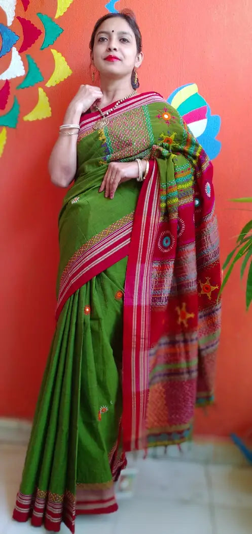 Olive Green Red Kora Cotton Lambani Tribal Hand Embroidered Saree Nature
