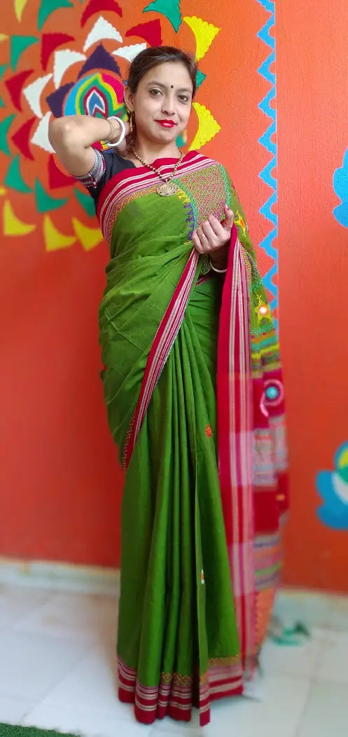 Olive Green Red Kora Cotton Lambani Tribal Hand Embroidered Saree Nature