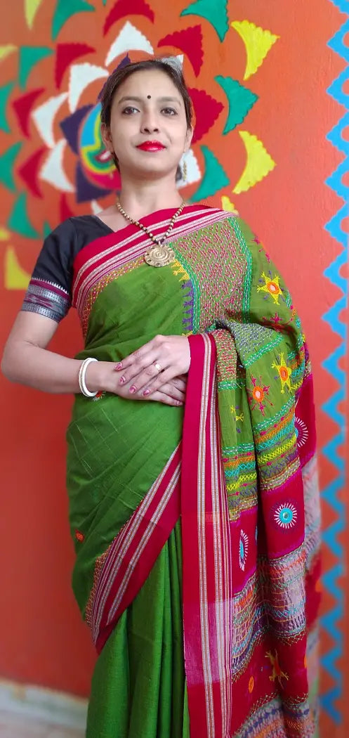 Olive Green Red Kora Cotton Lambani Tribal Hand Embroidered Saree Nature