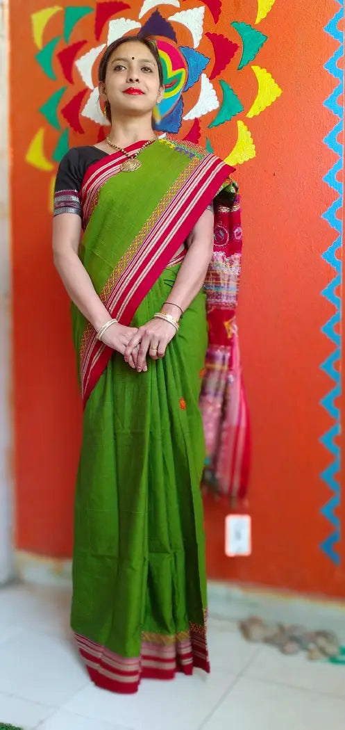 Olive Green Red Kora Cotton Lambani Tribal Hand Embroidered Saree Nature