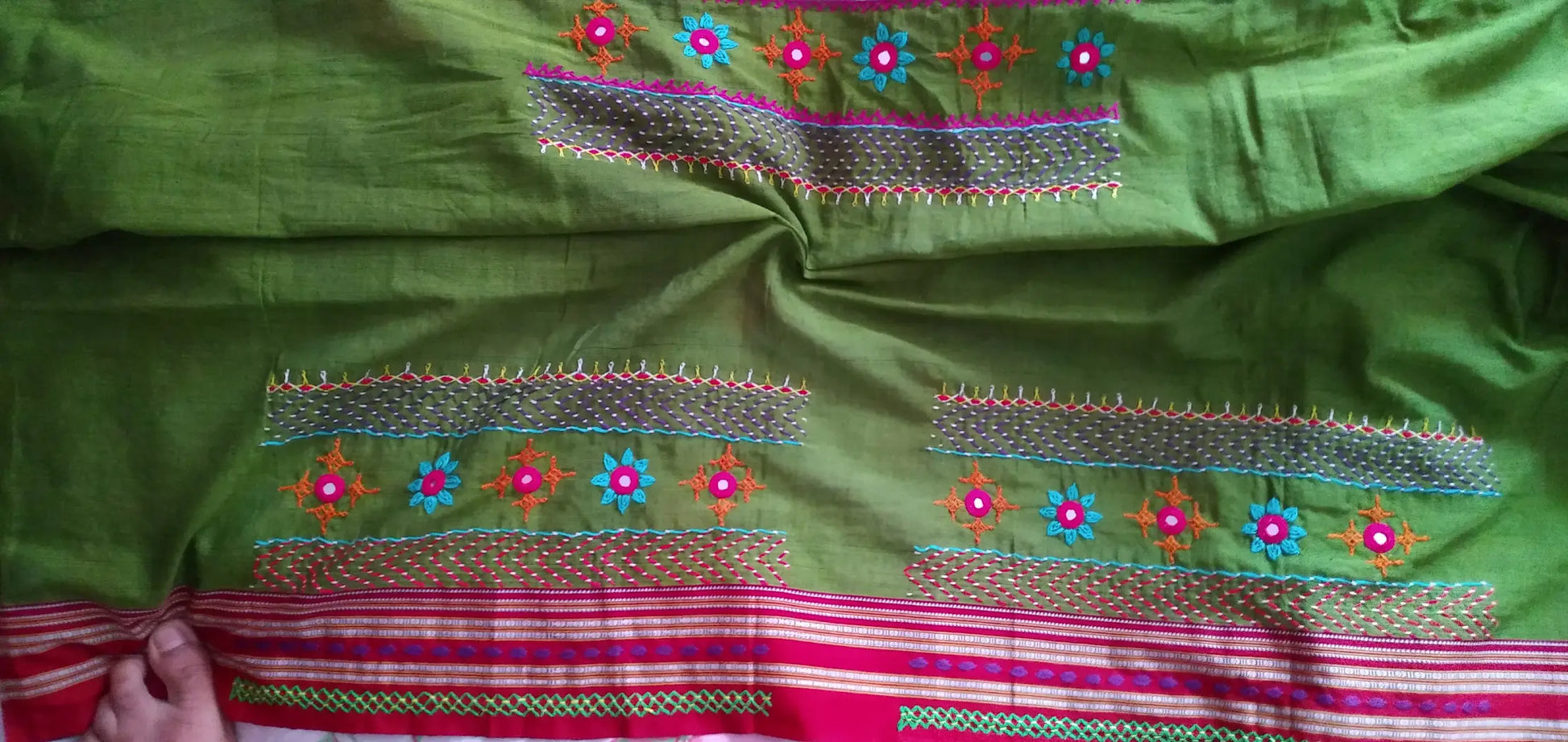 Olive Green Red Kora Cotton Lambani Tribal Hand Embroidered Saree Nature