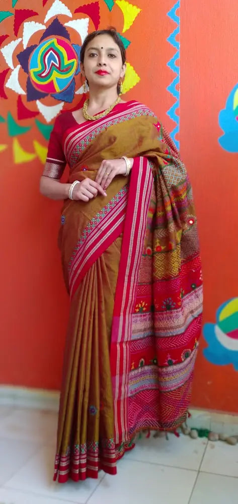 Madder Red Mercerized Cotton Kora Silk Lambani Tribal Saree Geometric