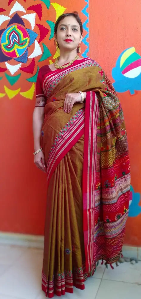Madder Red Mercerized Cotton Kora Silk Lambani Tribal Saree Geometric