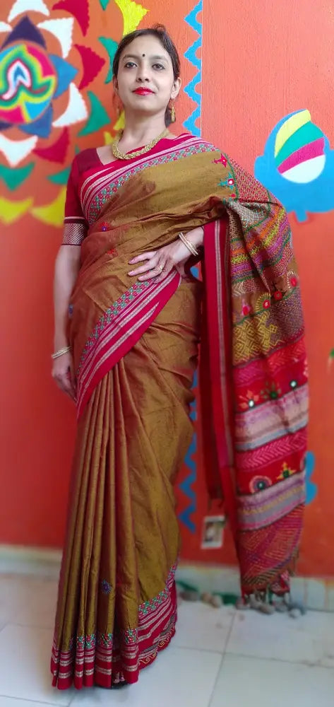 Madder Red Mercerized Cotton Kora Silk Lambani Tribal Saree Geometric