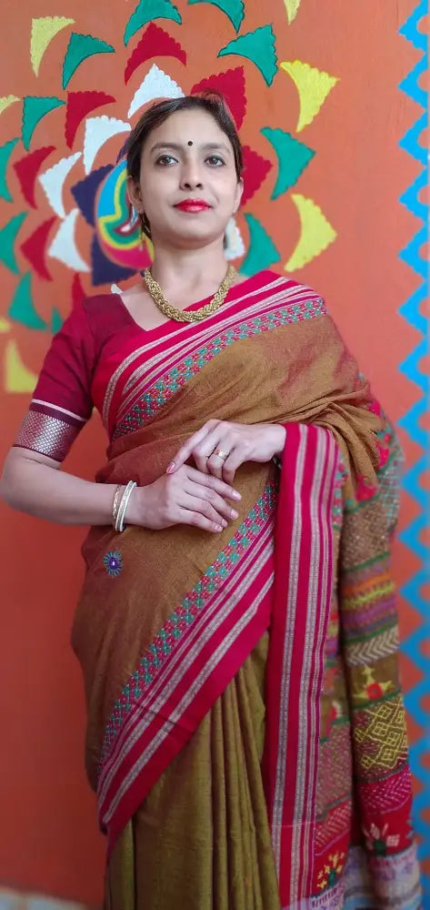 Madder Red Mercerized Cotton Kora Silk Lambani Tribal Saree Geometric