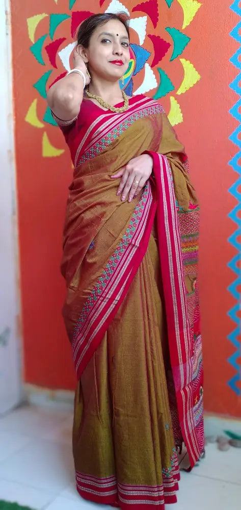 Madder Red Mercerized Cotton Kora Silk Lambani Tribal Saree Geometric