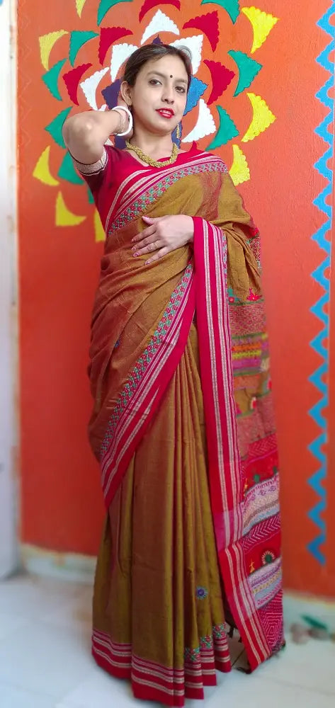 Madder Red Mercerized Cotton Kora Silk Lambani Tribal Saree Geometric