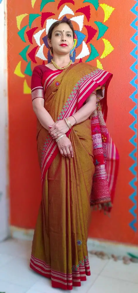 Madder Red Mercerized Cotton Kora Silk Lambani Tribal Saree Geometric