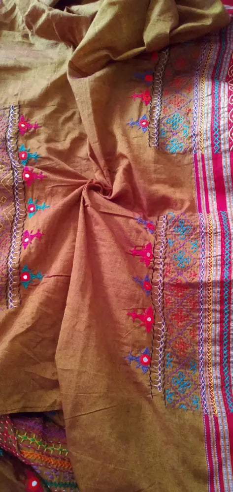 Madder Red Mercerized Cotton Kora Silk Lambani Tribal Saree Geometric