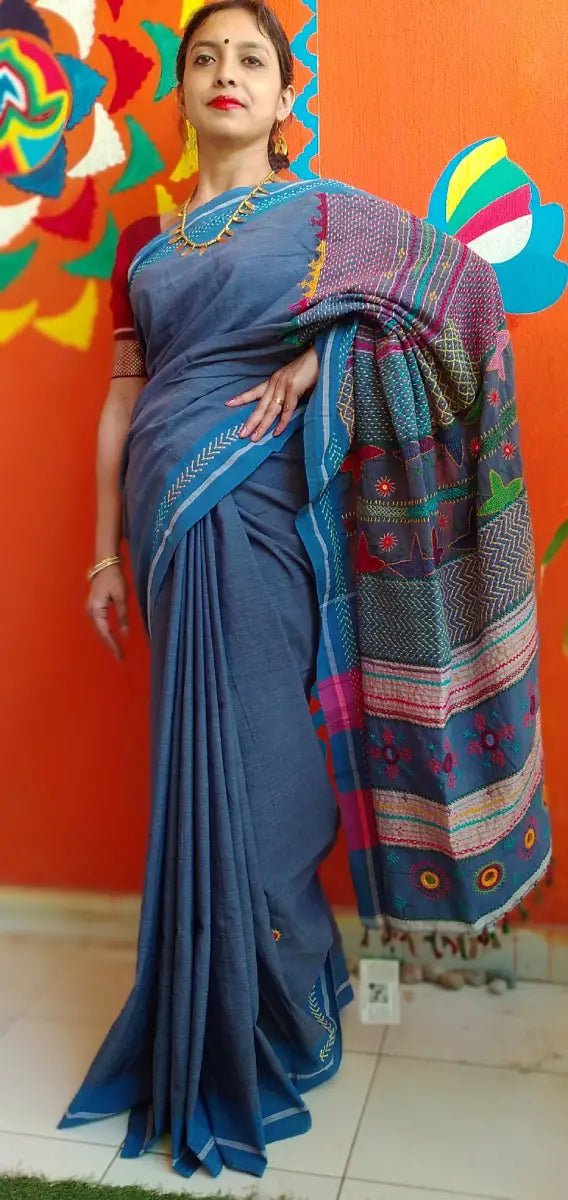 Blue Kora Cotton Lambani Tribal Hand Embroidered Saree Nature Inspired