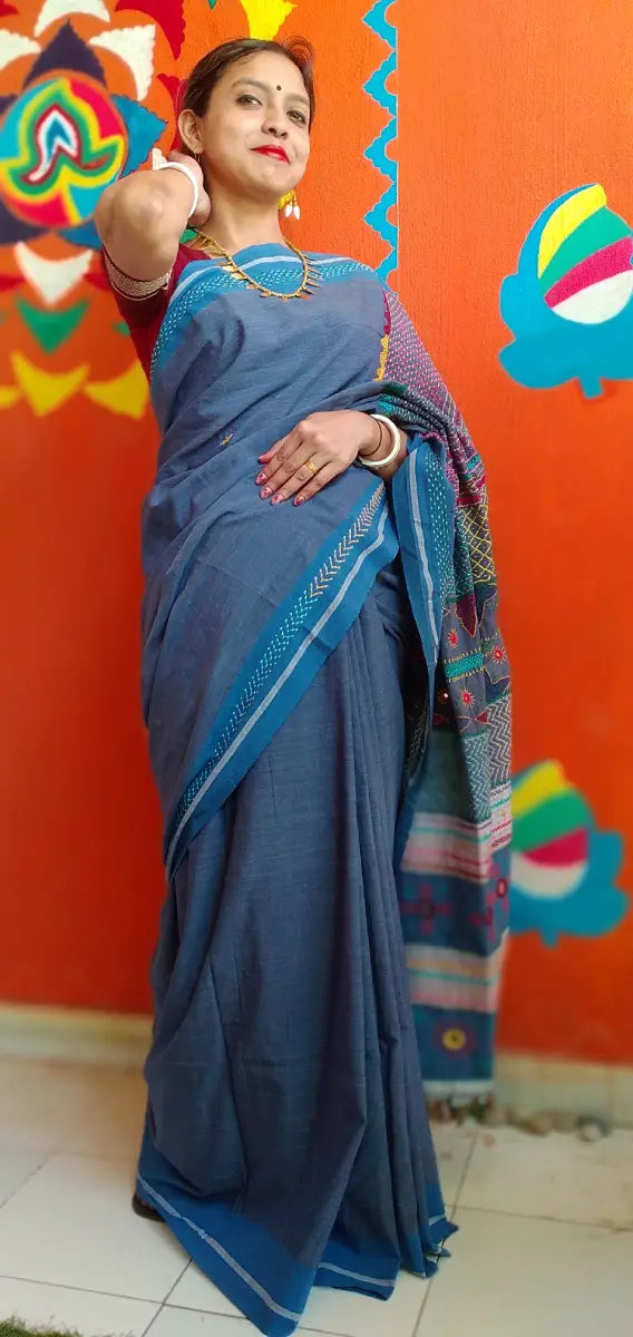 Blue Kora Cotton Lambani Tribal Hand Embroidered Saree Nature Inspired