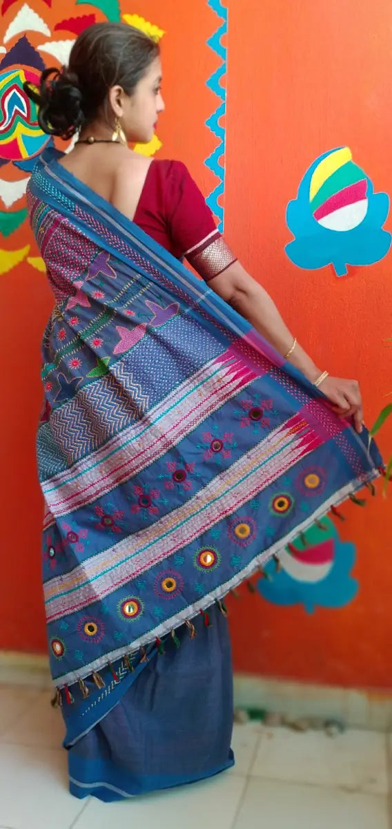 Blue Kora Cotton Lambani Tribal Hand Embroidered Saree Nature Inspired
