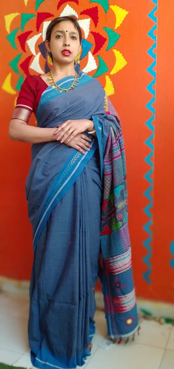 Blue Kora Cotton Lambani Tribal Hand Embroidered Saree Nature Inspired