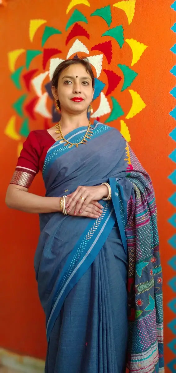 Blue Kora Cotton Lambani Tribal Hand Embroidered Saree Nature Inspired