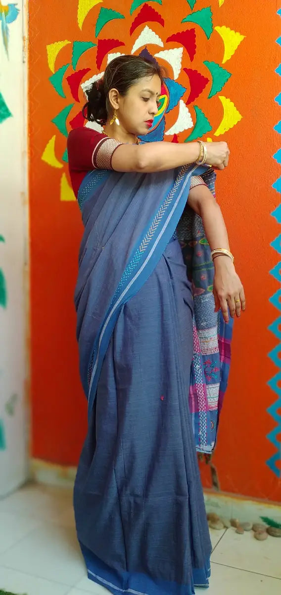 Blue Kora Cotton Lambani Tribal Hand Embroidered Saree Nature Inspired