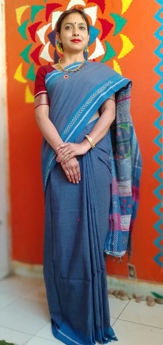 Blue Kora Cotton Lambani Tribal Hand Embroidered Saree Nature Inspired