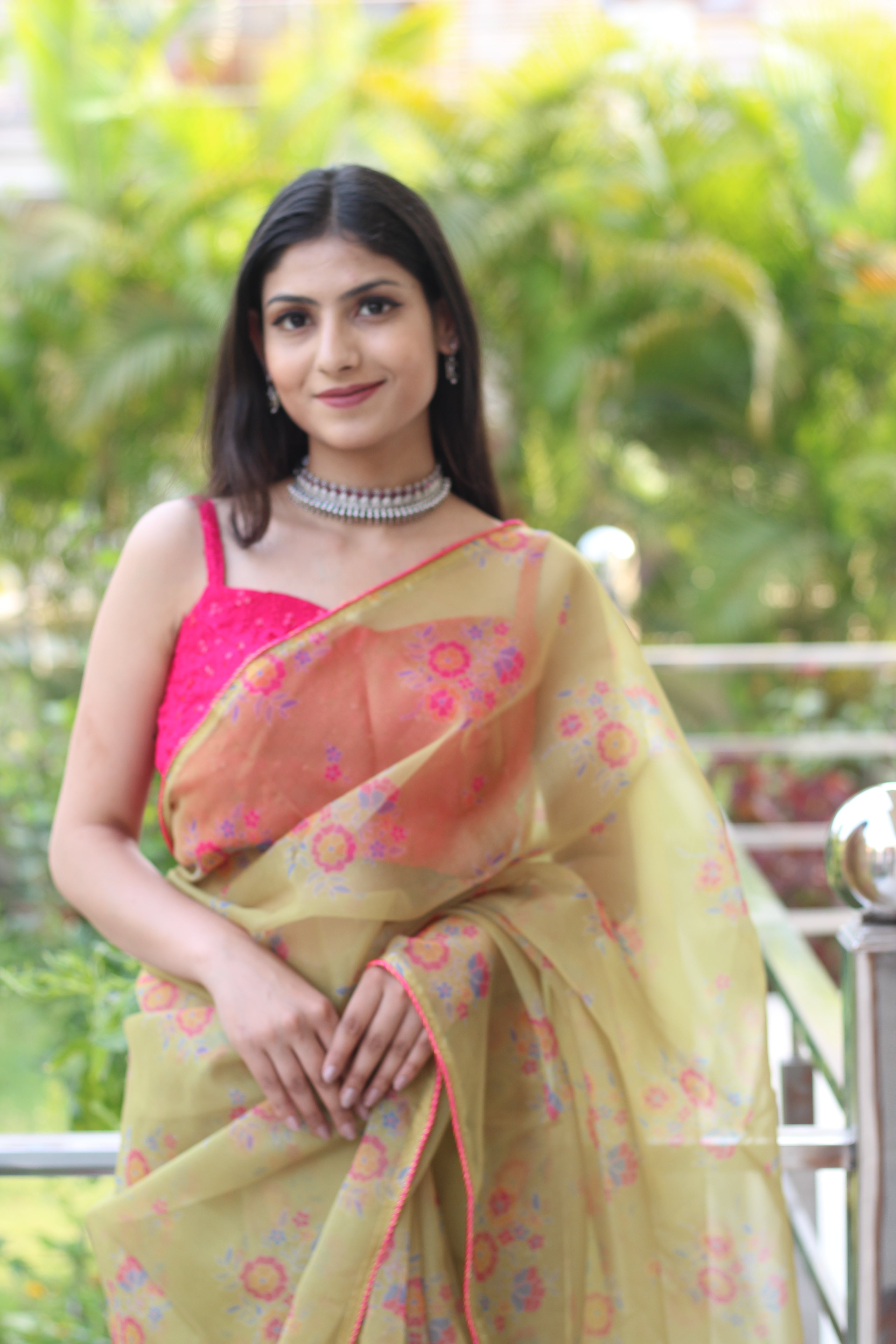 Royal Yellow Dull Printed Organza Saree Floral Piping Border