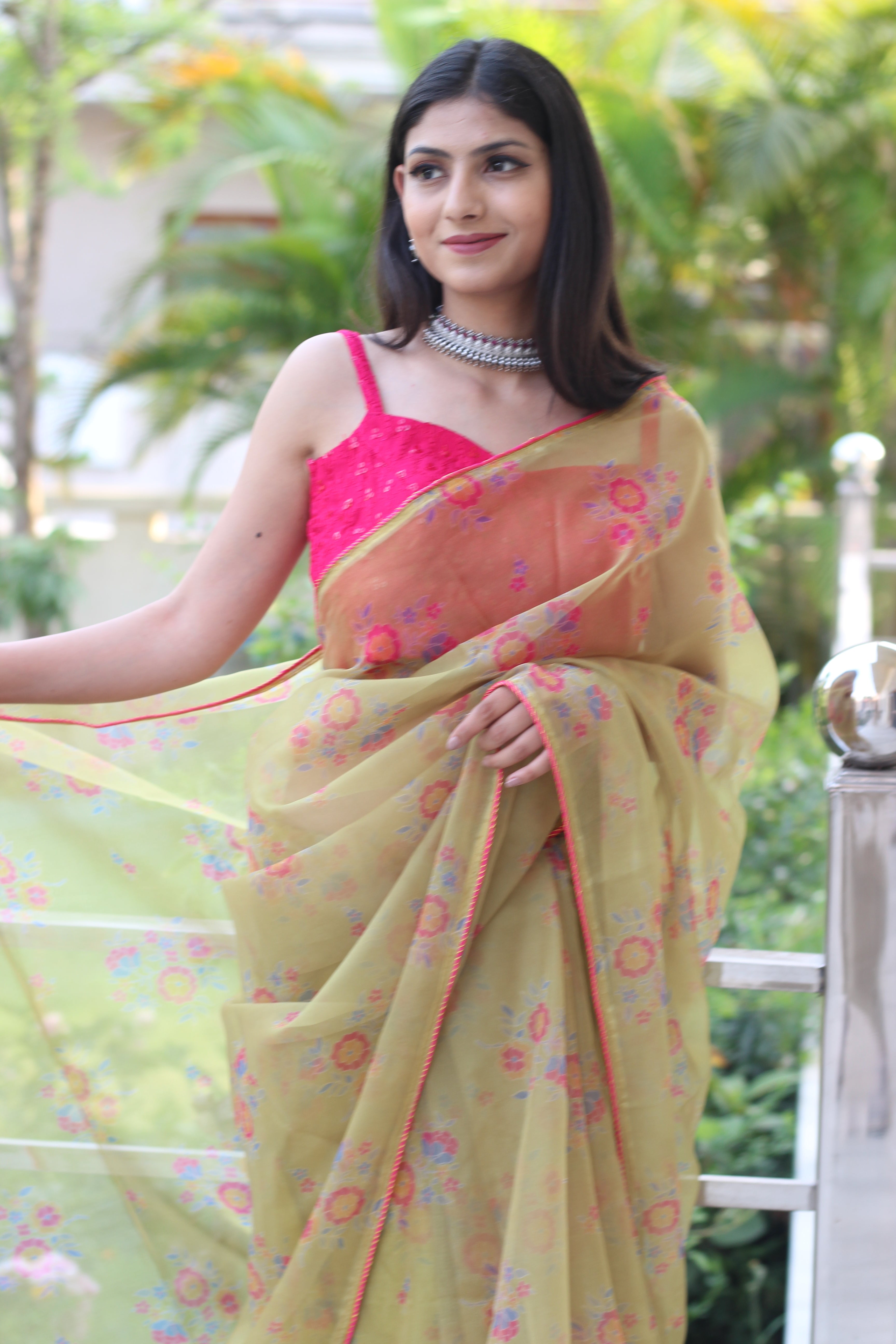 Royal Yellow Dull Printed Organza Saree Floral Piping Border