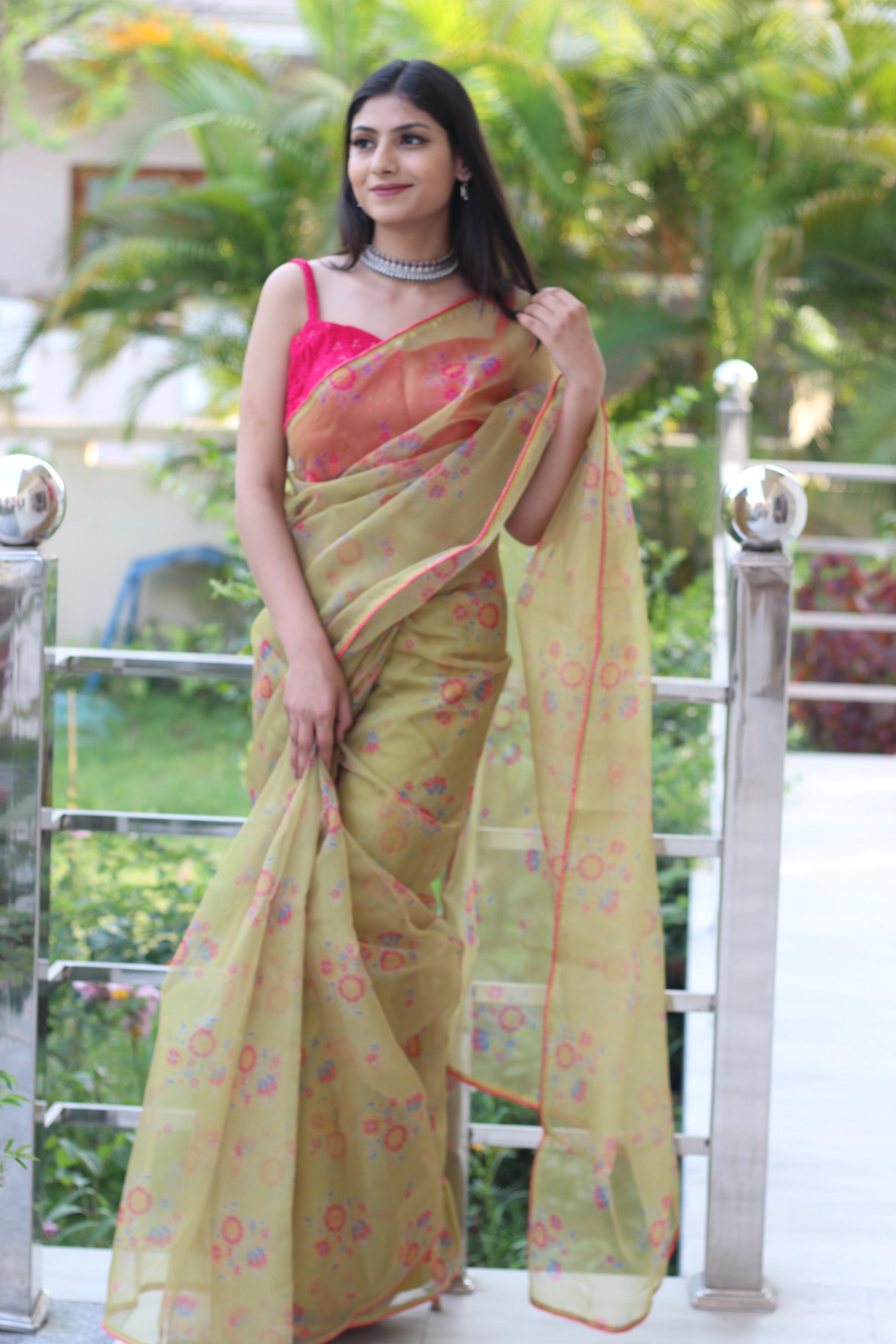 Royal Yellow Dull Printed Organza Saree Floral Piping Border
