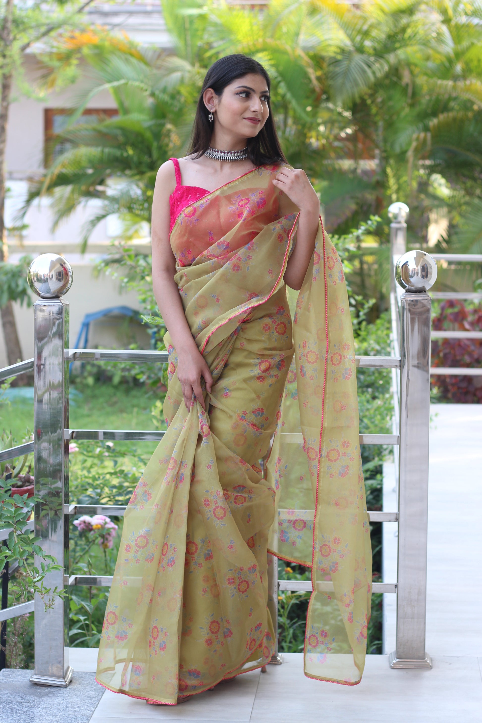 Royal Yellow Dull Printed Organza Saree Floral Piping Border