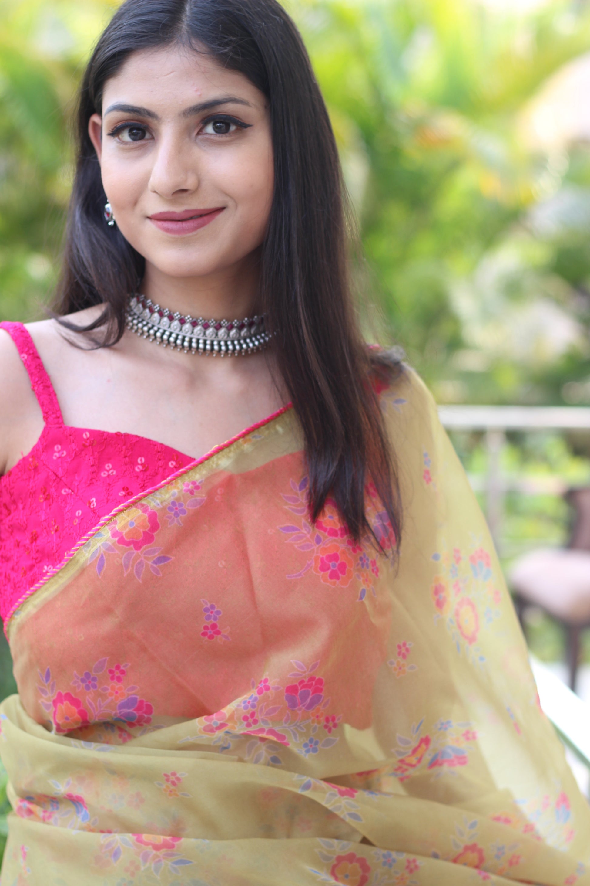 Royal Yellow Dull Printed Organza Saree Floral Piping Border