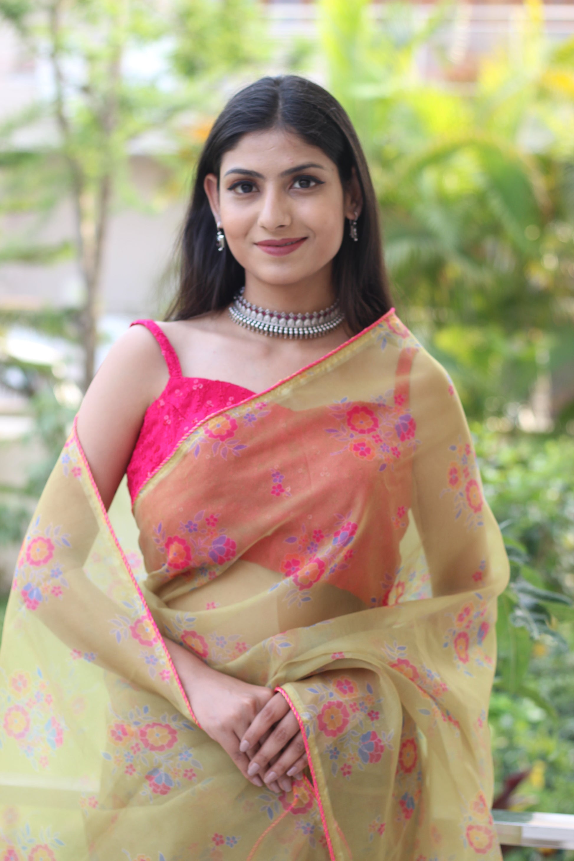 Royal Yellow Dull Printed Organza Saree Floral Piping Border