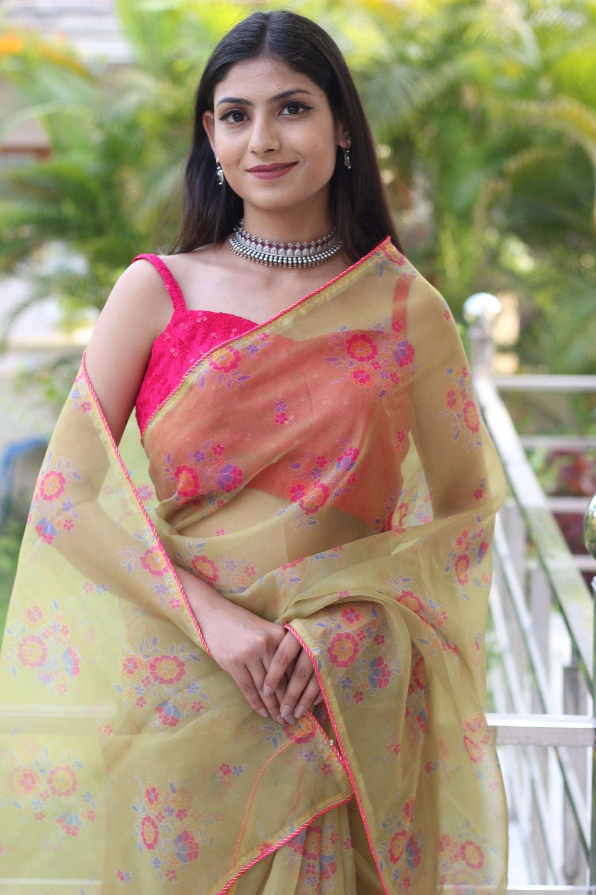 Royal Yellow Dull Printed Organza Saree Floral Piping Border