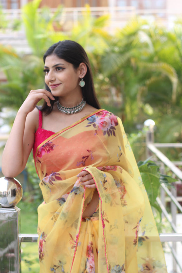 Royal Yellow Dull Floral Organza Saree Piping Border