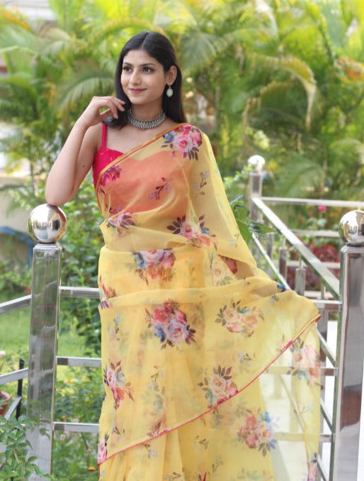 Royal Yellow Dull Floral Organza Saree Piping Border