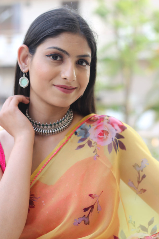 Royal Yellow Dull Floral Organza Saree Piping Border