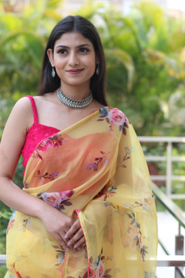 Royal Yellow Dull Floral Organza Saree Piping Border