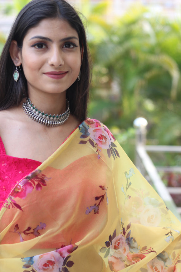 Royal Yellow Dull Floral Organza Saree Piping Border