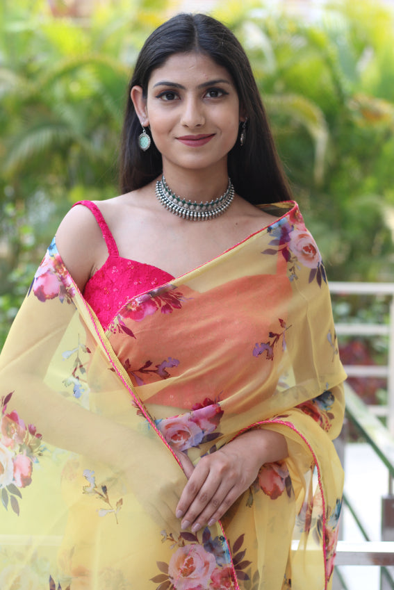 Royal Yellow Dull Floral Organza Saree Piping Border