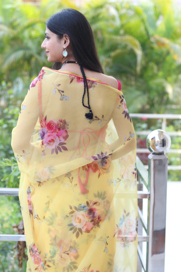Royal Yellow Dull Floral Organza Saree Piping Border