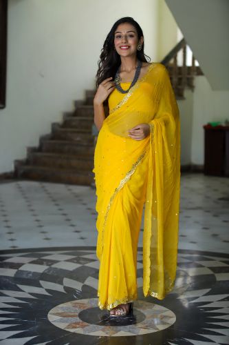 Captivating Yellow Chiffon Saree Mirror Sequin Work Geometric