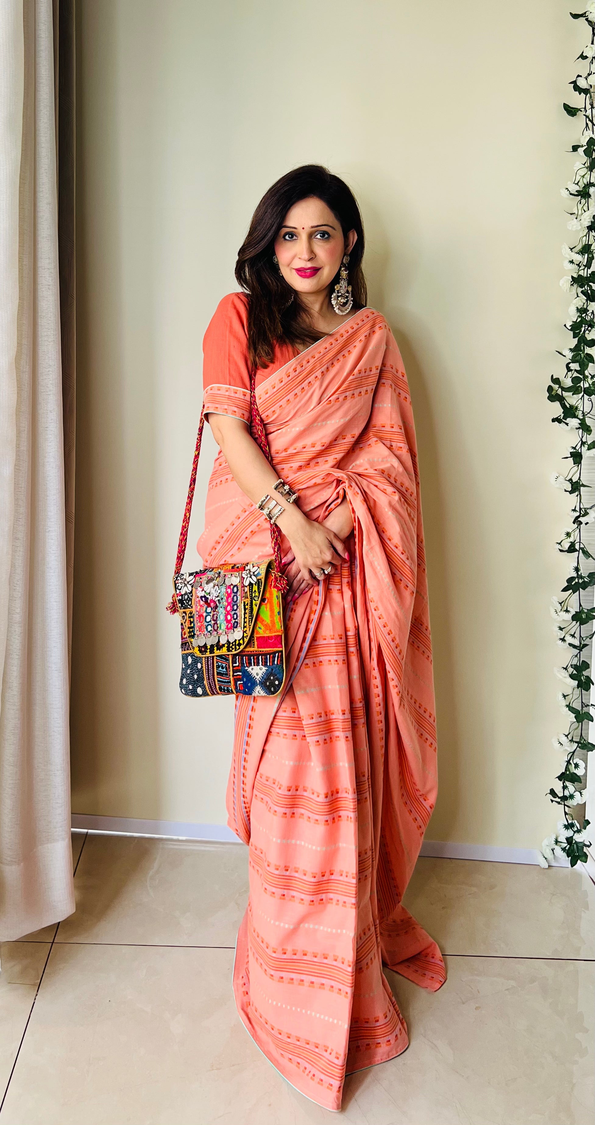 Soothing Peach Multicolor Cotton Woven Pattern Saree Floral Blouse