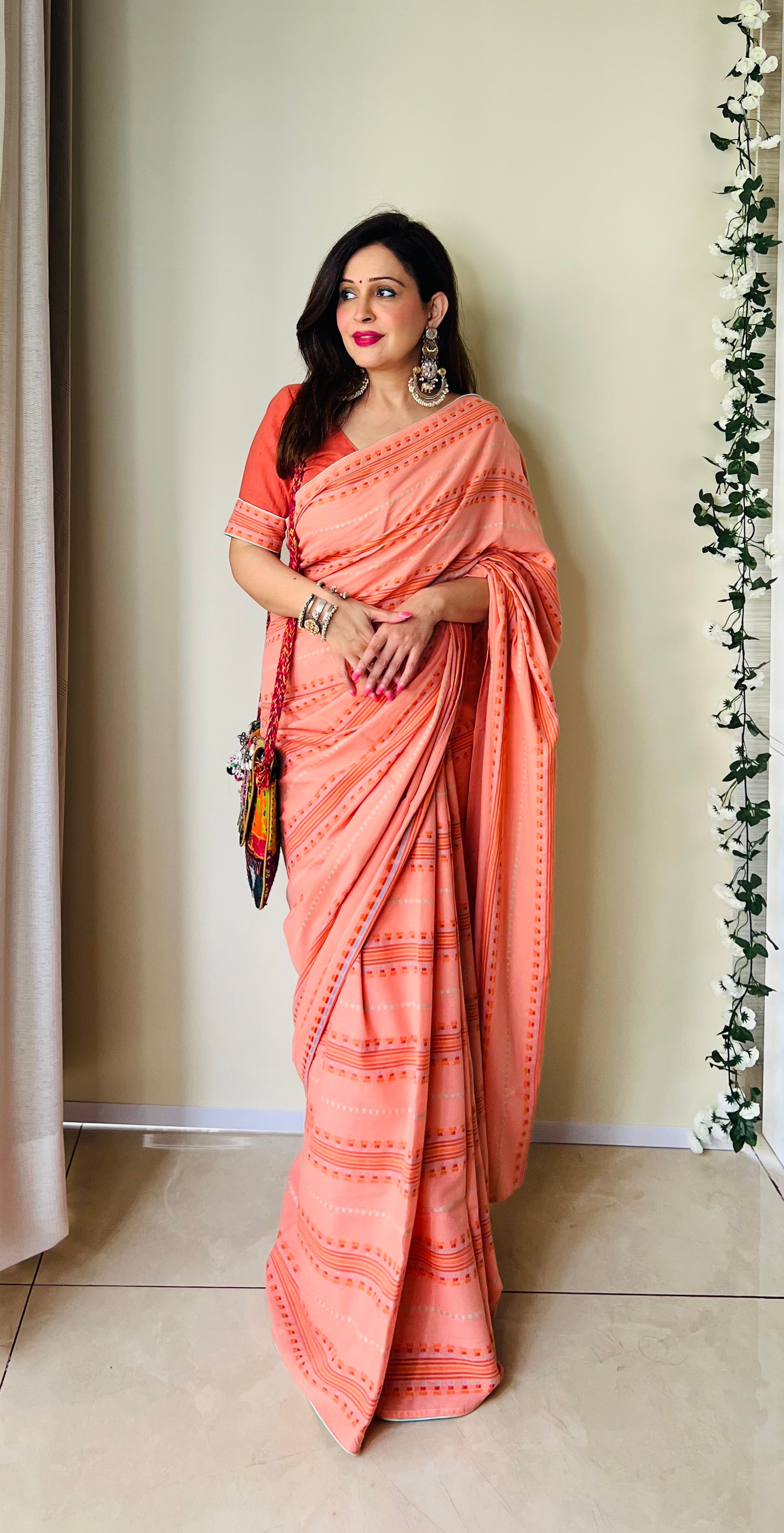 Soothing Peach Multicolor Cotton Woven Pattern Saree Floral Blouse