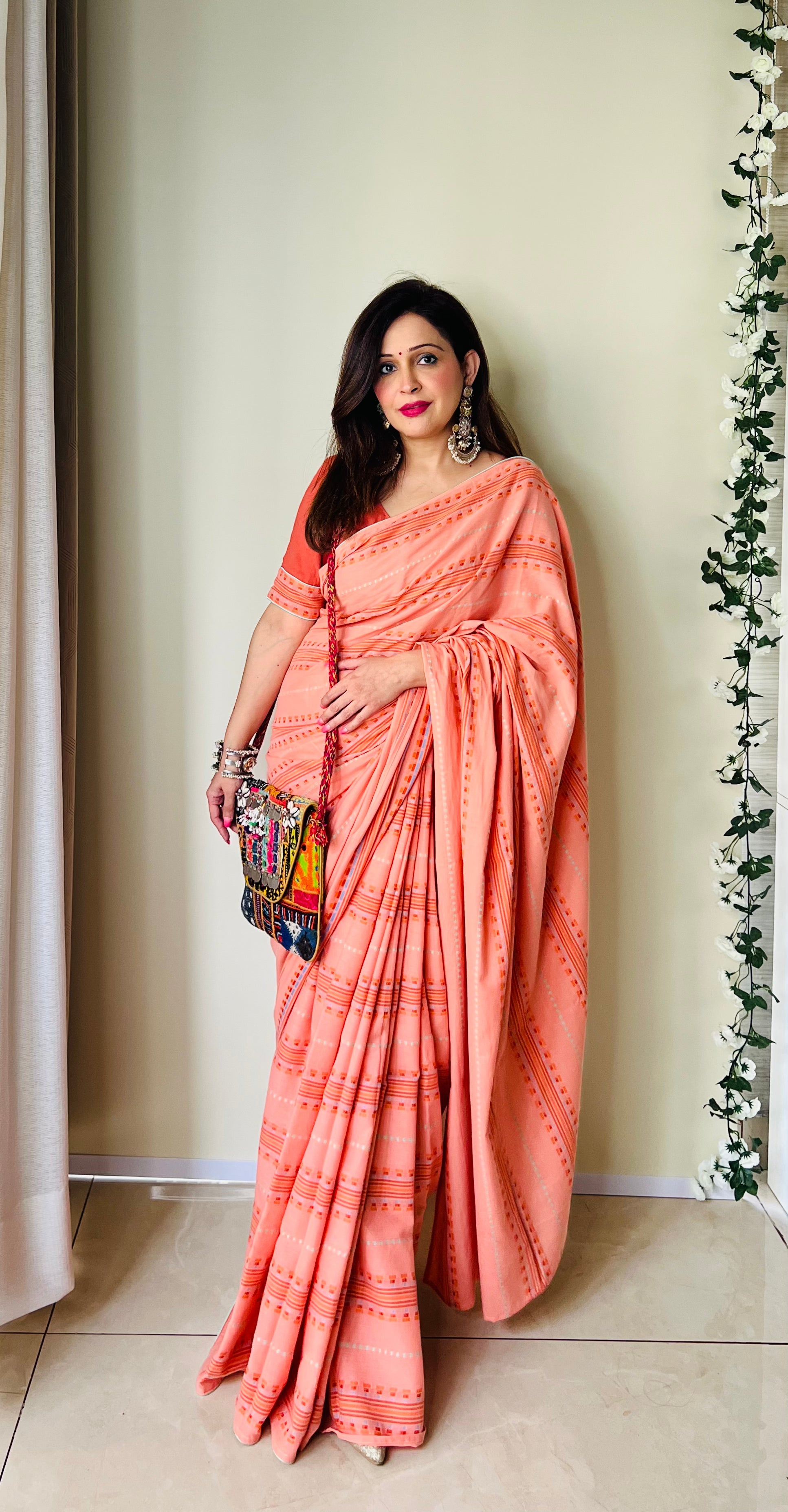 Soothing Peach Multicolor Cotton Woven Pattern Saree Floral Blouse