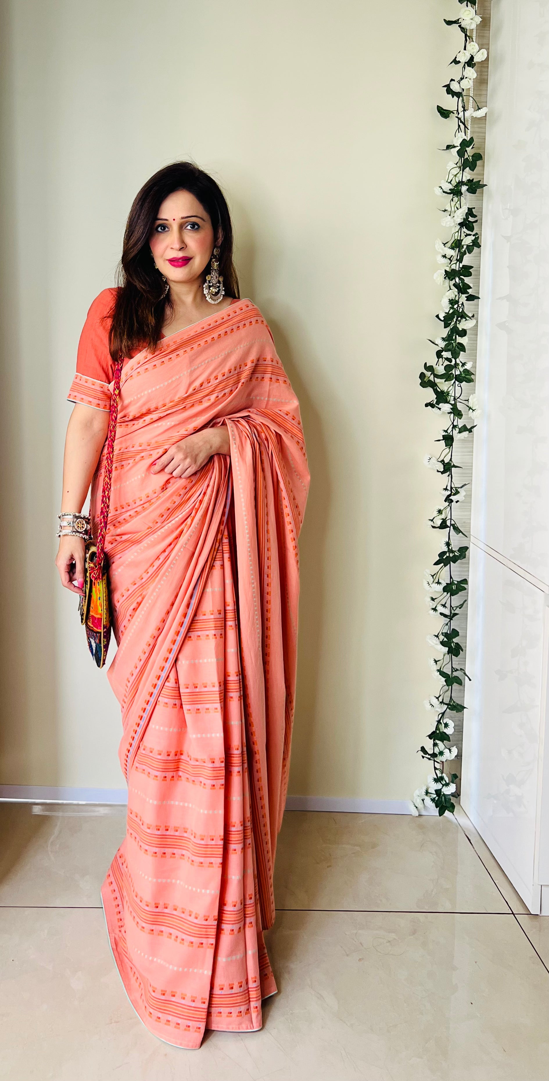 Soothing Peach Multicolor Cotton Woven Pattern Saree Floral Blouse