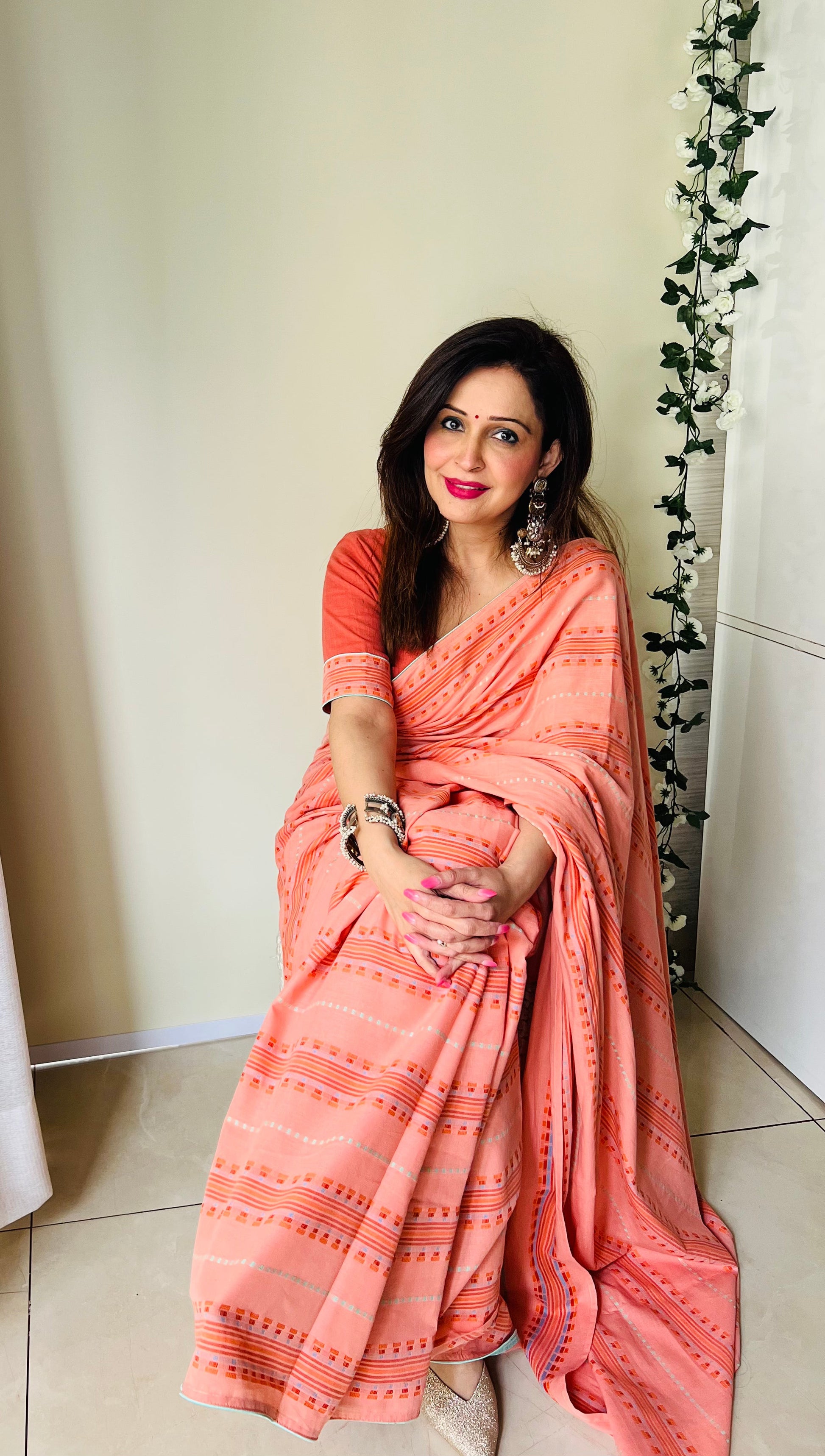 Soothing Peach Multicolor Cotton Woven Pattern Saree Floral Blouse