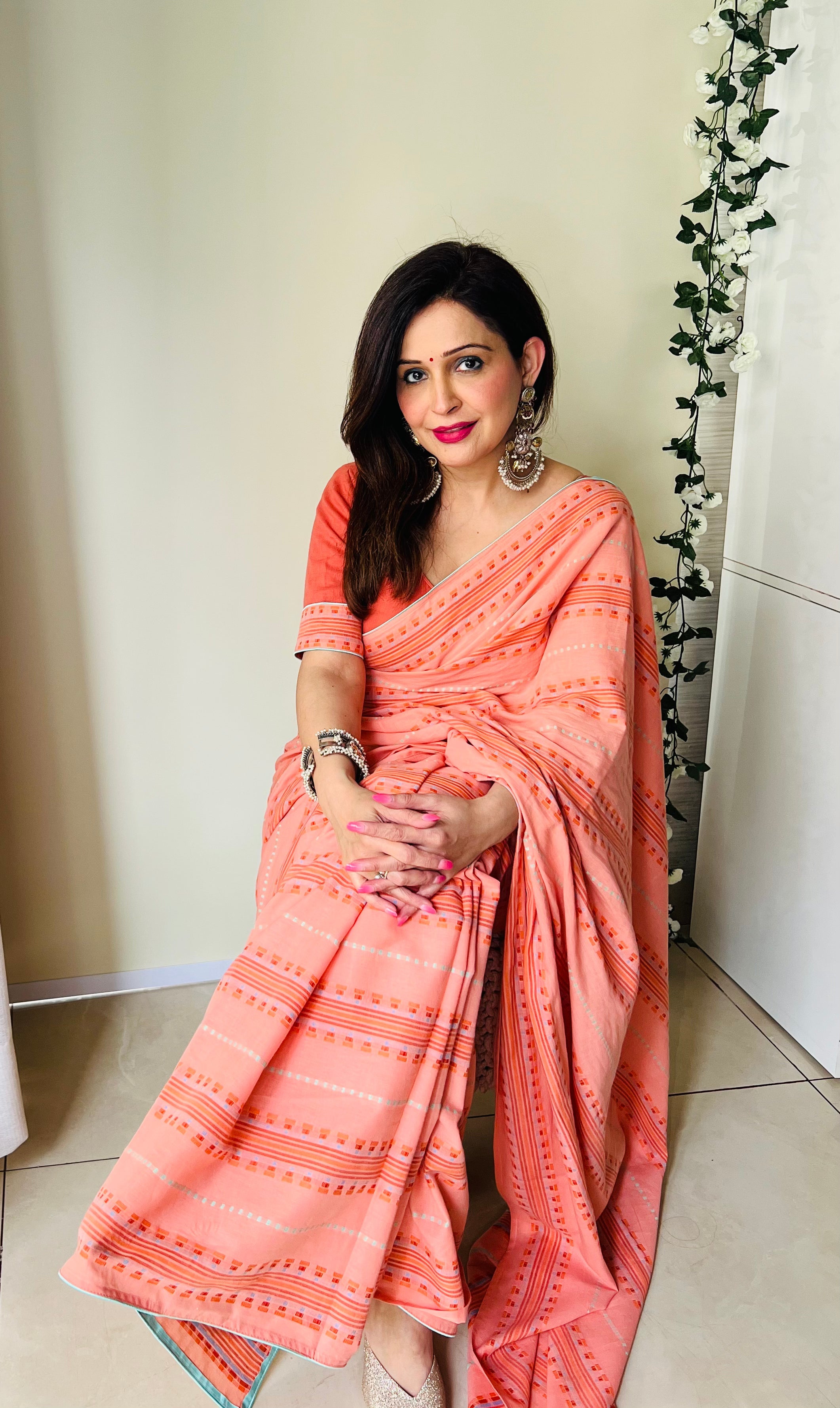 Soothing Peach Multicolor Cotton Woven Pattern Saree Floral Blouse