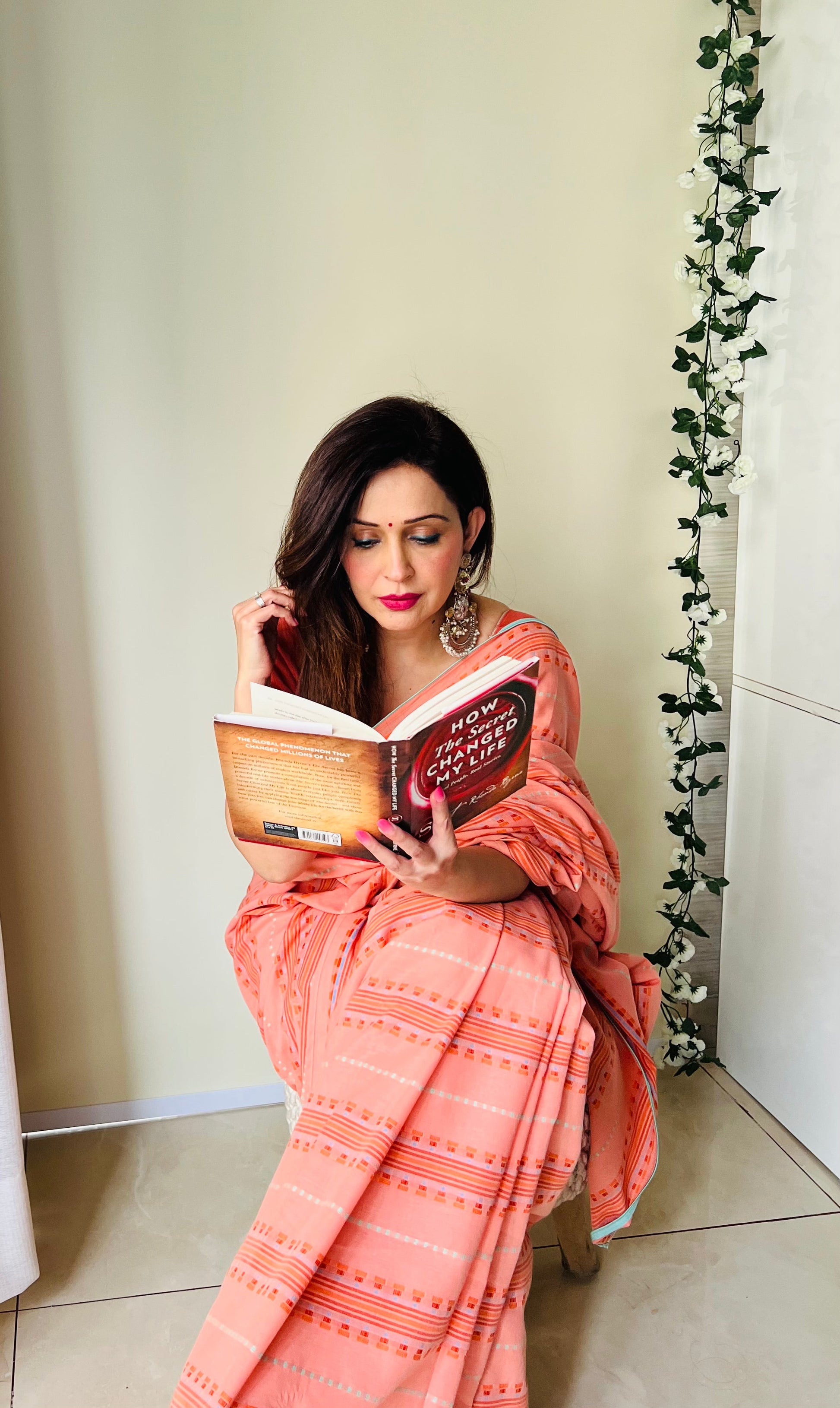 Soothing Peach Multicolor Cotton Woven Pattern Saree Floral Blouse