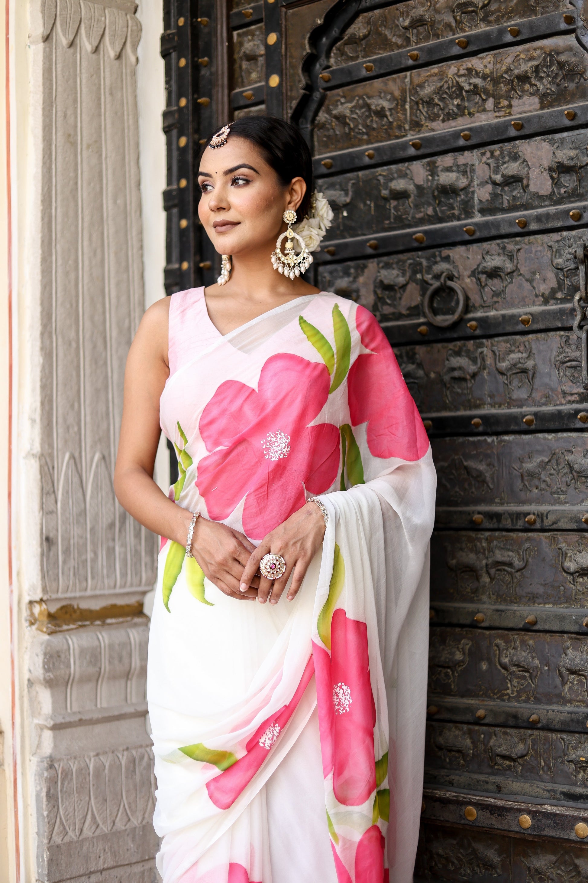Elegant Pink Chiffon Georgette Handpainted Saree Floral Gold