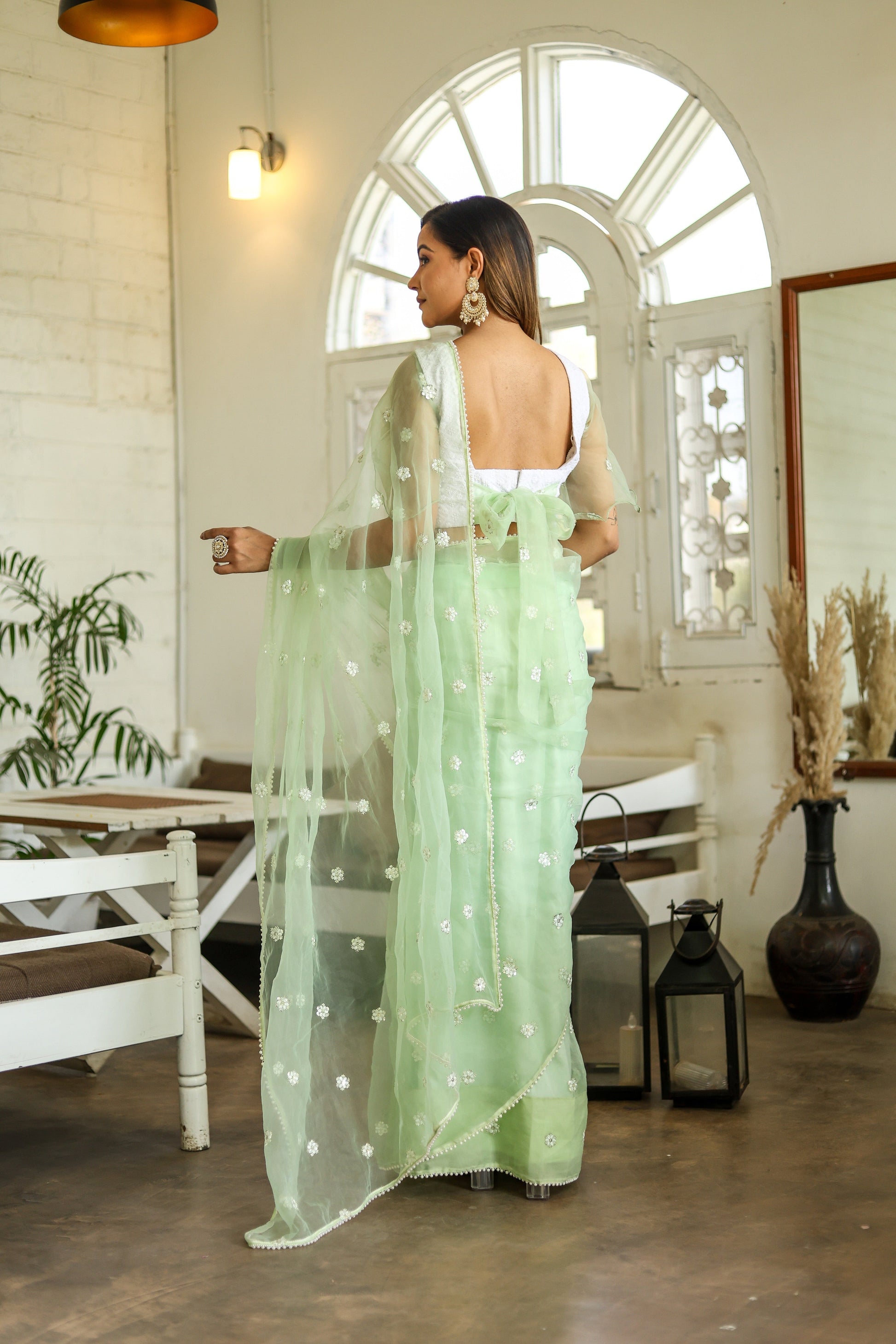 Unique Green Silk Organza Saree Embroidered Buttis Geometric Pearl Lace