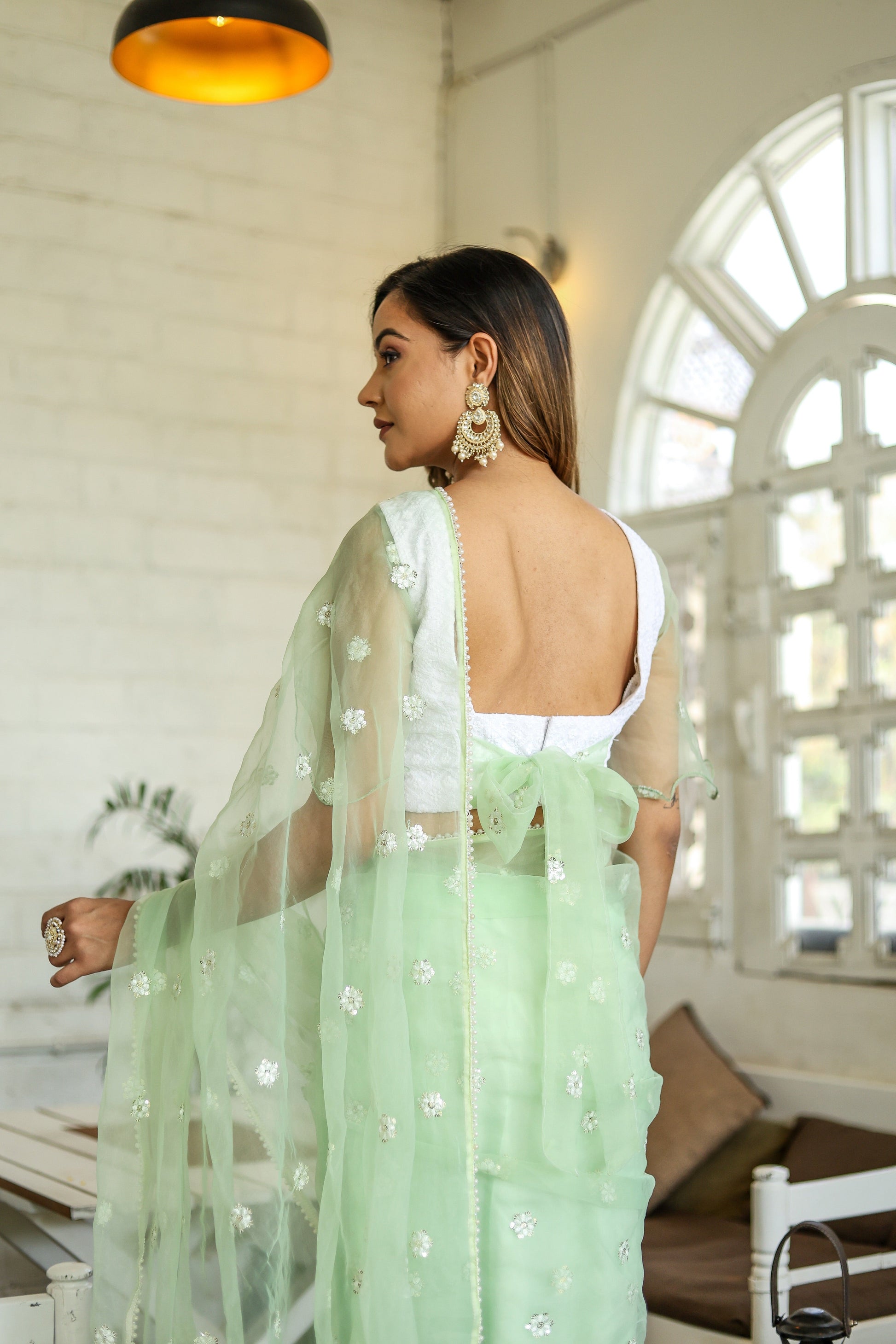 Unique Green Silk Organza Saree Embroidered Buttis Geometric Pearl Lace