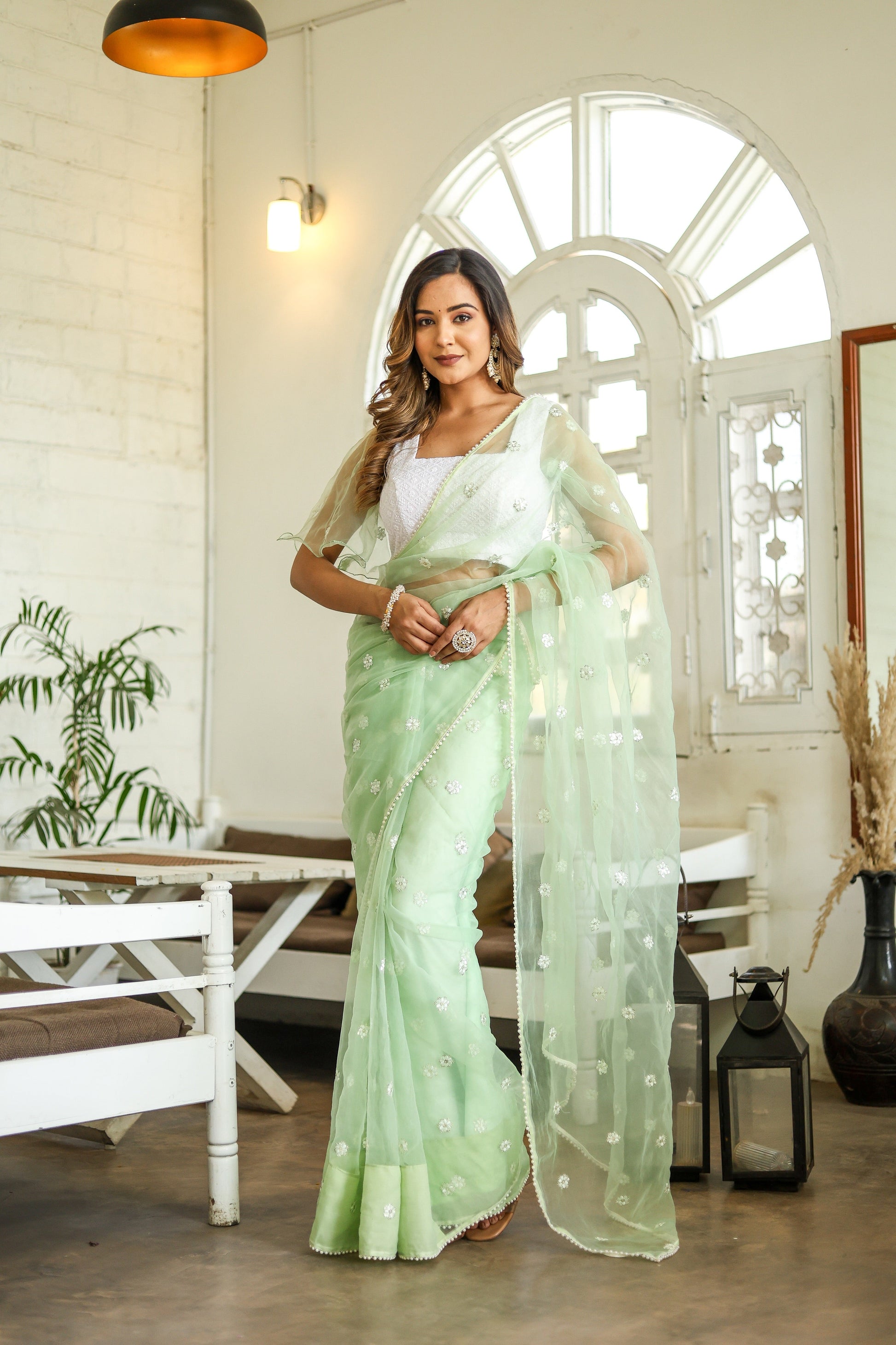 Unique Green Silk Organza Saree Embroidered Buttis Geometric Pearl Lace