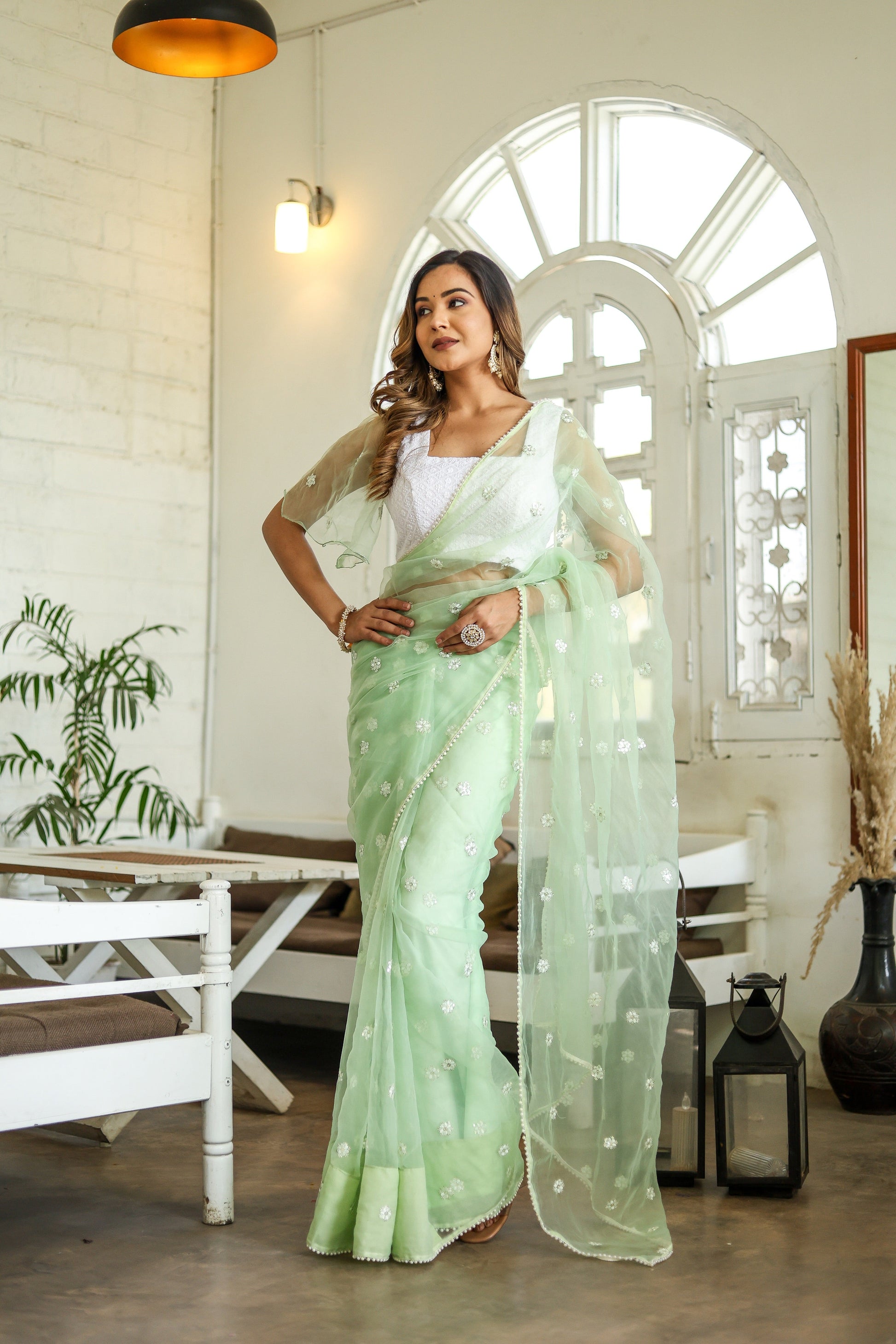 Unique Green Silk Organza Saree Embroidered Buttis Geometric Pearl Lace
