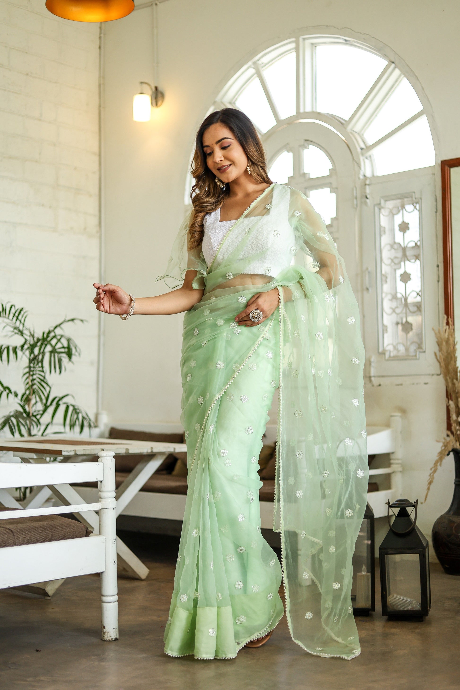 Unique Green Silk Organza Saree Embroidered Buttis Geometric Pearl Lace
